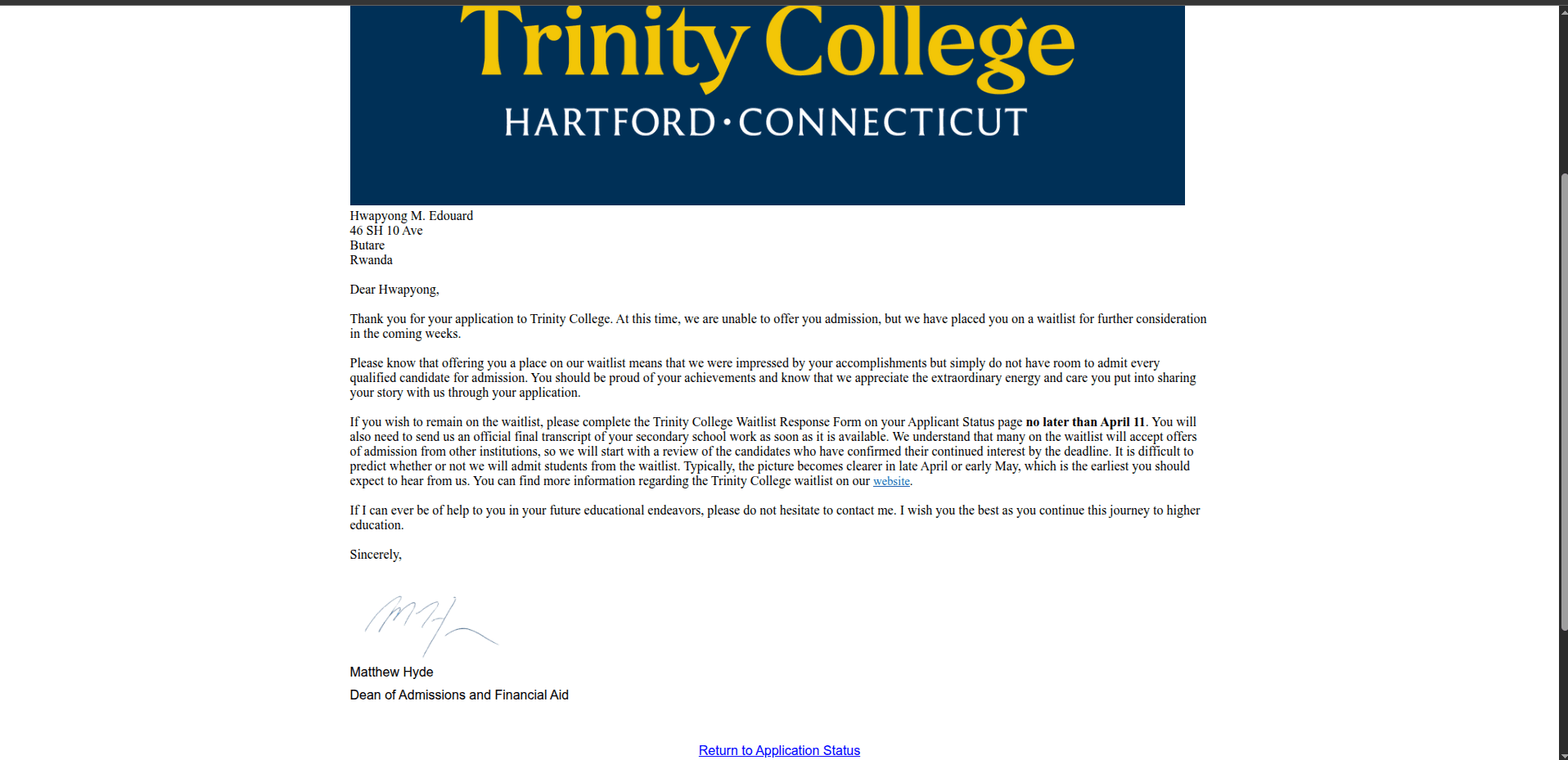 trinity college waitlist